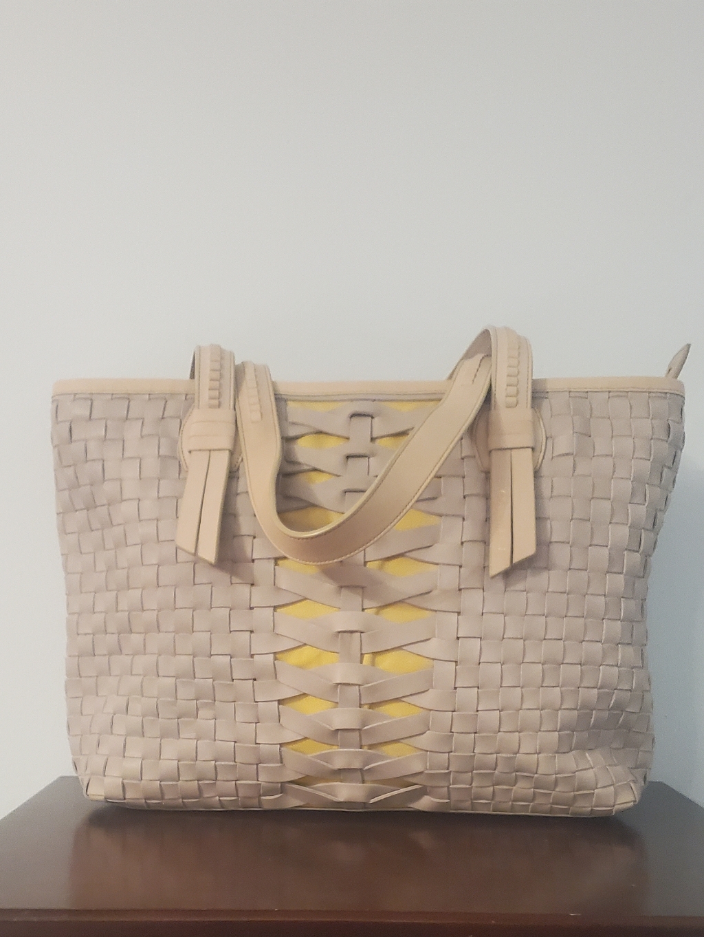New Woven Leather Tote Bag In Light Beige - Designer Style